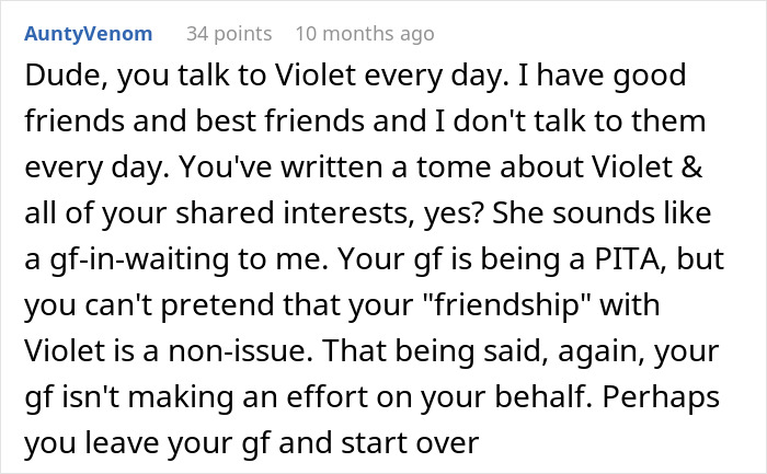 Comment discussing relationship issues about a girlfriend not wanting boyfriend to go on trip with female friend. Comment discussing relationship issues about a girlfriend not wanting boyfriend to go on trip with female friend.