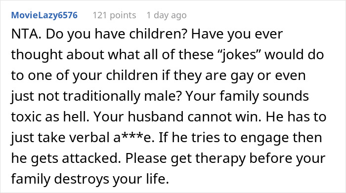 Reddit comment discussing toxic family dynamics after man mocks brother-in-law for years and uninvites him from wedding. Reddit comment discussing toxic family dynamics after man mocks brother-in-law for years and uninvites him from wedding.