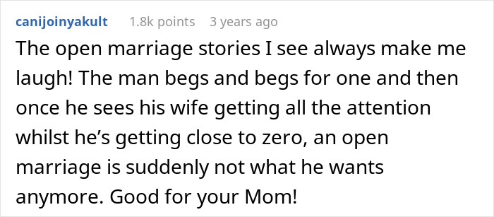 Text post discussing regrets in an open marriage when a 41-year-old husband sees his 39-year-old wife gain admirers. Text post discussing regrets in an open marriage when a 41-year-old husband sees his 39-year-old wife gain admirers.