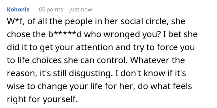 Screenshot of a forum comment expressing disgust over cheating involving ex-wife and best man, fearing threat to current girlfriend.