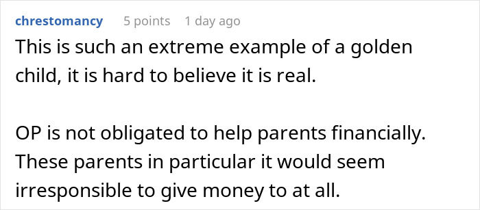 Screenshot of a Reddit comment discussing parents spoiling their daughter and neglecting their son financially. Screenshot of a Reddit comment discussing parents spoiling their daughter and neglecting their son financially.