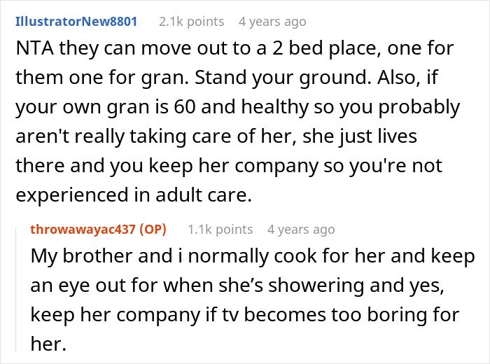 Screenshot of Reddit comments discussing a brother-in-law trying to dump grandma on wife’s siblings and refusal to provide care. Screenshot of Reddit comments discussing a brother-in-law trying to dump grandma on wife’s siblings and refusal to provide care.