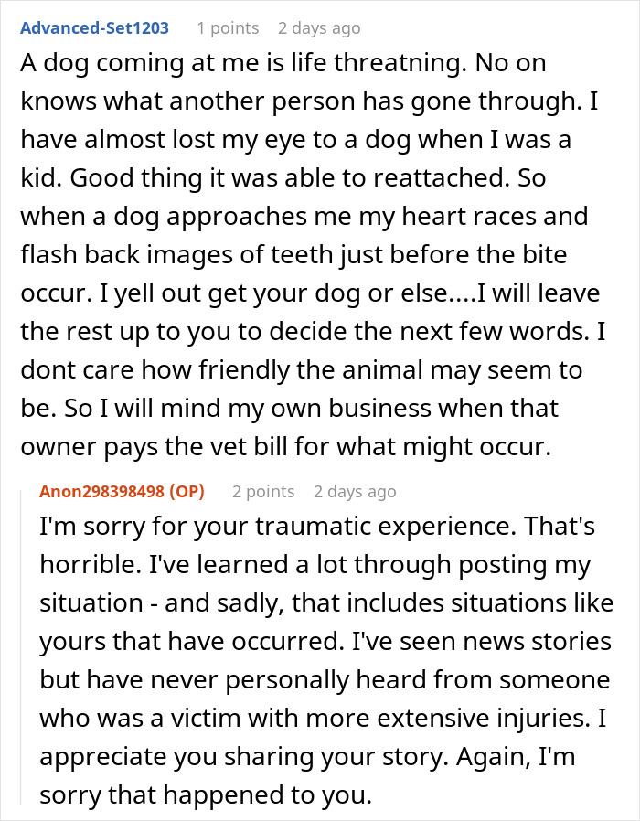 Commenters discussing traumatic dog attack experiences related to HOA board member refusing pet ownership rules. Commenters discussing traumatic dog attack experiences related to HOA board member refusing pet ownership rules.