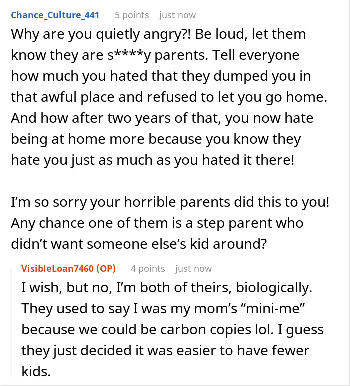 Reddit conversation about a teen dumped by parents at boarding school, expressing anger and feeling rejected years later. Reddit conversation about a teen dumped by parents at boarding school, expressing anger and feeling rejected years later.