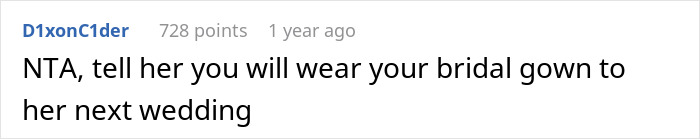 Screenshot of a social media comment about a bride horrified as cousin wears long white dress to her wedding, with mom's approval. Screenshot of a social media comment about a bride horrified as cousin wears long white dress to her wedding, with mom's approval.