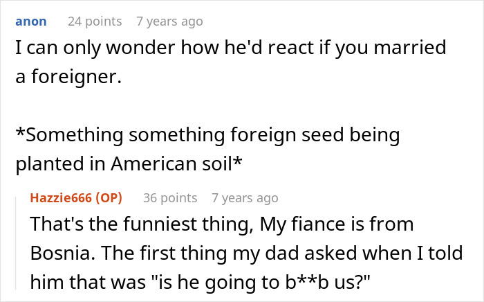 Reddit conversation about bride&rsquo;s father refusing to attend wedding because it&rsquo;s not held on American soil.