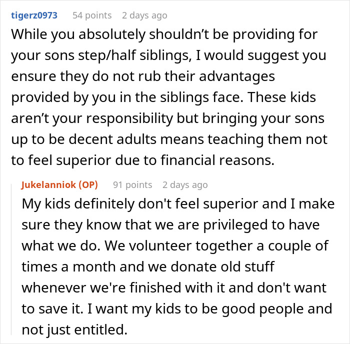 Screenshot of a Reddit discussion about a cheater wanting rich ex to provide for her kids and unequal fancy trips for son. Screenshot of a Reddit discussion about a cheater wanting rich ex to provide for her kids and unequal fancy trips for son.