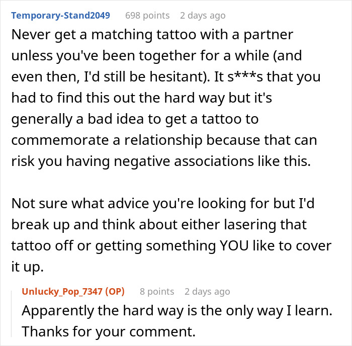 Text conversation discussing advice about getting a tattoo from a woman couple related to a boyfriend and ex. Text conversation discussing advice about getting a tattoo from a woman couple related to a boyfriend and ex.