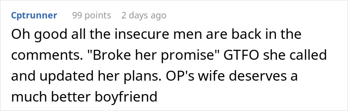 Commenter responding to relationship drama, discussing broken promises and suggesting the wife deserves a better boyfriend. Commenter responding to relationship drama, discussing broken promises and suggesting the wife deserves a better boyfriend.