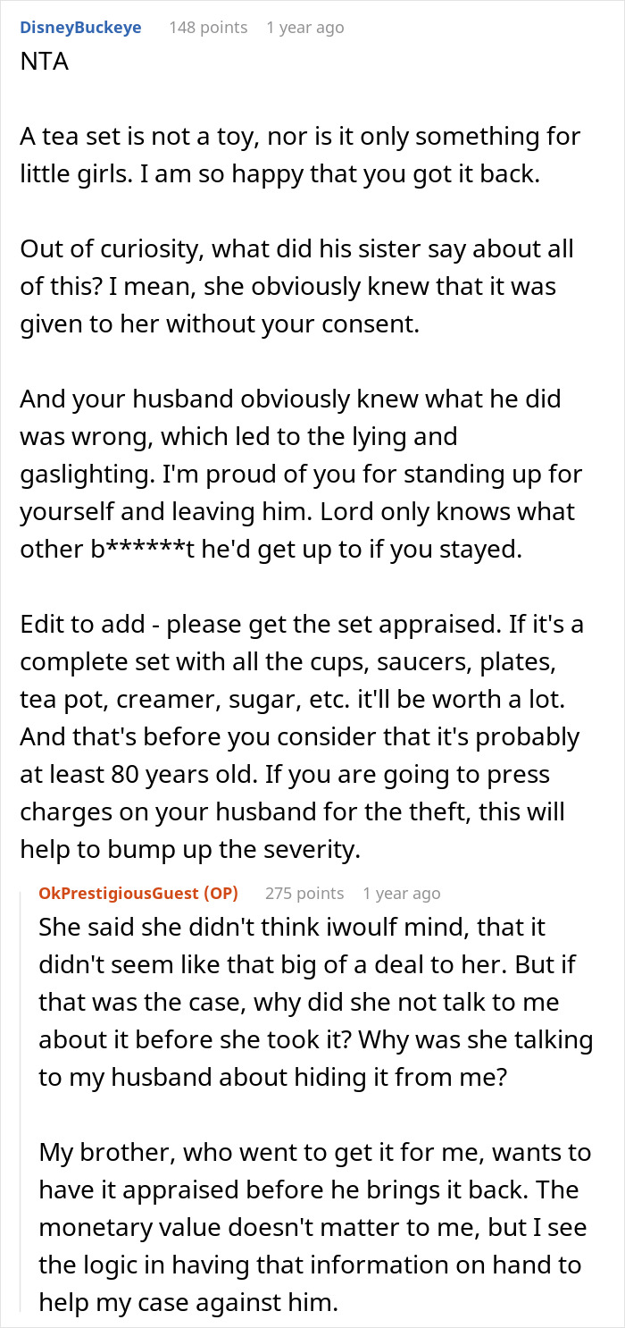 Reddit discussion about a man stealing his wife’s antique tea set and giving it to his niece causing marriage issues. Reddit discussion about a man stealing his wife’s antique tea set and giving it to his niece causing marriage issues.