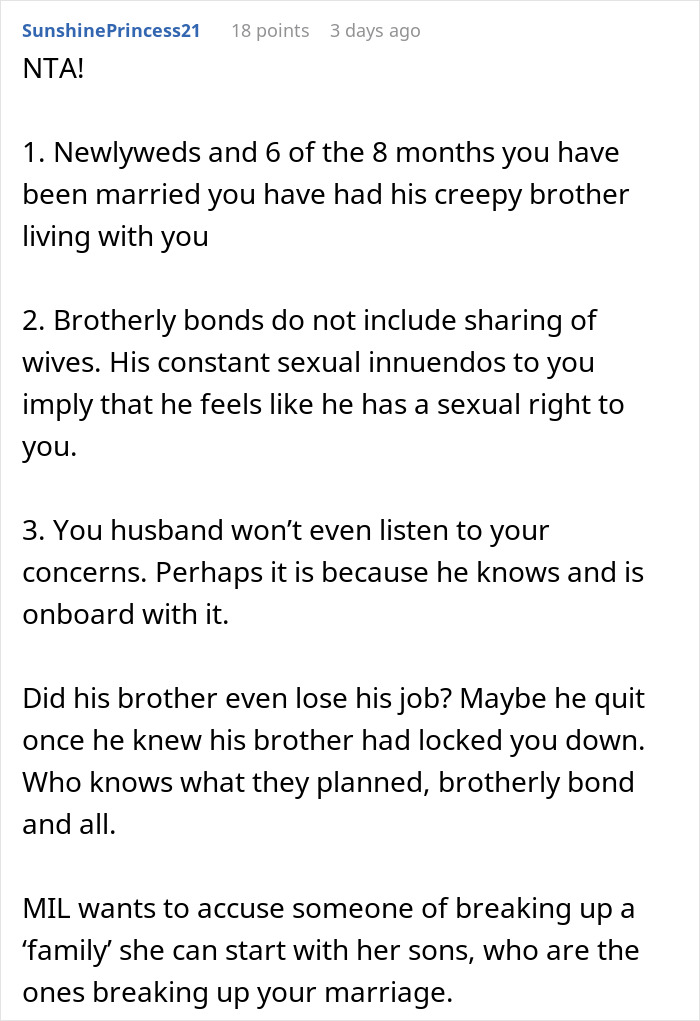 Screenshot of Reddit comment discussing creepy brother-in-law and marital issues after wife removes wedding ring. Screenshot of Reddit comment discussing creepy brother-in-law and marital issues after wife removes wedding ring.