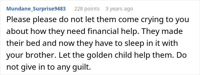 Reddit user advising to let the golden child handle lost parents money issues involving crypto without guilt or financial help. Reddit user advising to let the golden child handle lost parents money issues involving crypto without guilt or financial help.