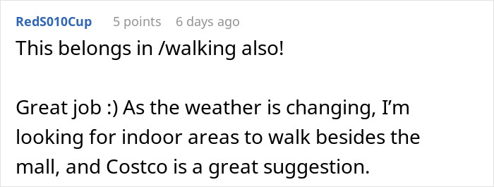 Screenshot of a Reddit comment praising Costco as a great indoor walking area for weight loss and fitness.