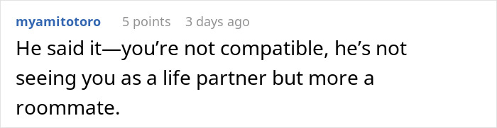 Comment stating the rich boyfriend demands equal rent split while the girlfriend refuses, highlighting relationship conflict. Comment stating the rich boyfriend demands equal rent split while the girlfriend refuses, highlighting relationship conflict.
