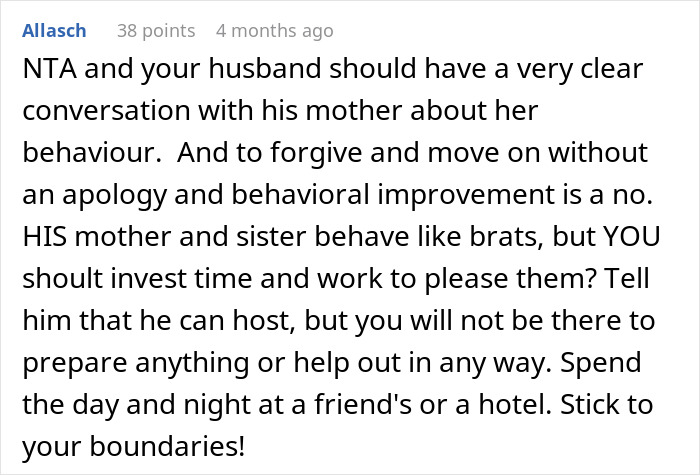 Comment advising clear conversation about MIL no-show ruining birthday and DIL setting boundaries to never celebrate again at their house. Comment advising clear conversation about MIL no-show ruining birthday and DIL setting boundaries to never celebrate again at their house.
