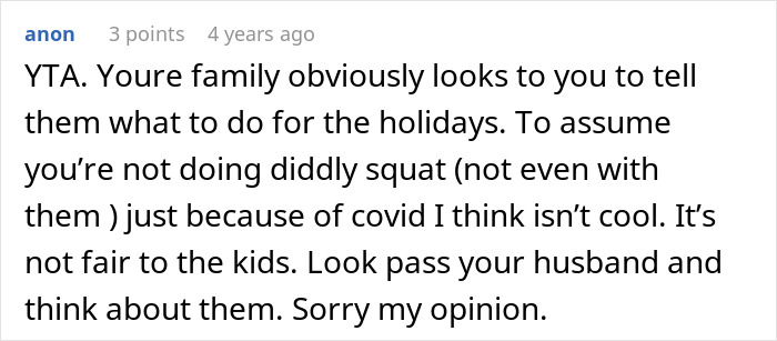 Comment discussing a woman upset her husband assumed she planned Thanksgiving when she has never done that. Comment discussing a woman upset her husband assumed she planned Thanksgiving when she has never done that.