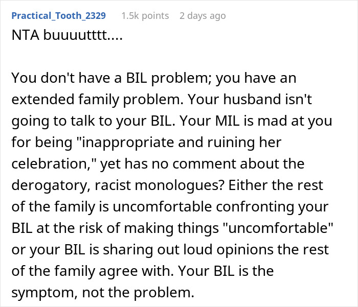 Text post discussing a wife confronting her brother-in-law for racist slurs during dinner while mother-in-law complains. Text post discussing a wife confronting her brother-in-law for racist slurs during dinner while mother-in-law complains.