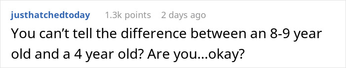 Text comment from user justhatcedtoday questioning age difference between kids amid trauma and disruptive kid on plane discussion. Text comment from user justhatcedtoday questioning age difference between kids amid trauma and disruptive kid on plane discussion.