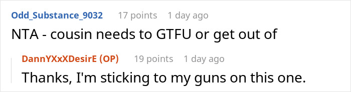 Screenshot of an online discussion where a guy refuses to pay cousin $400 rent after mooching off her for 6 months.