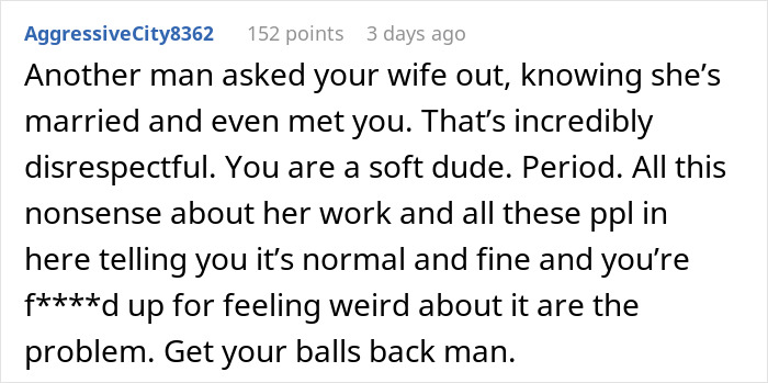 Comment discussing disrespect when a woman goes to gala with client as his date, causing husband to question trust. Comment discussing disrespect when a woman goes to gala with client as his date, causing husband to question trust.