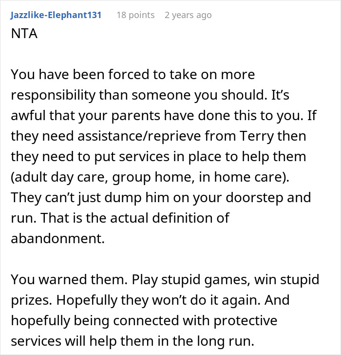 Comment defending woman setting a boundary about disabled brother’s care after repeated drop-off incidents. Comment defending woman setting a boundary about disabled brother’s care after repeated drop-off incidents.