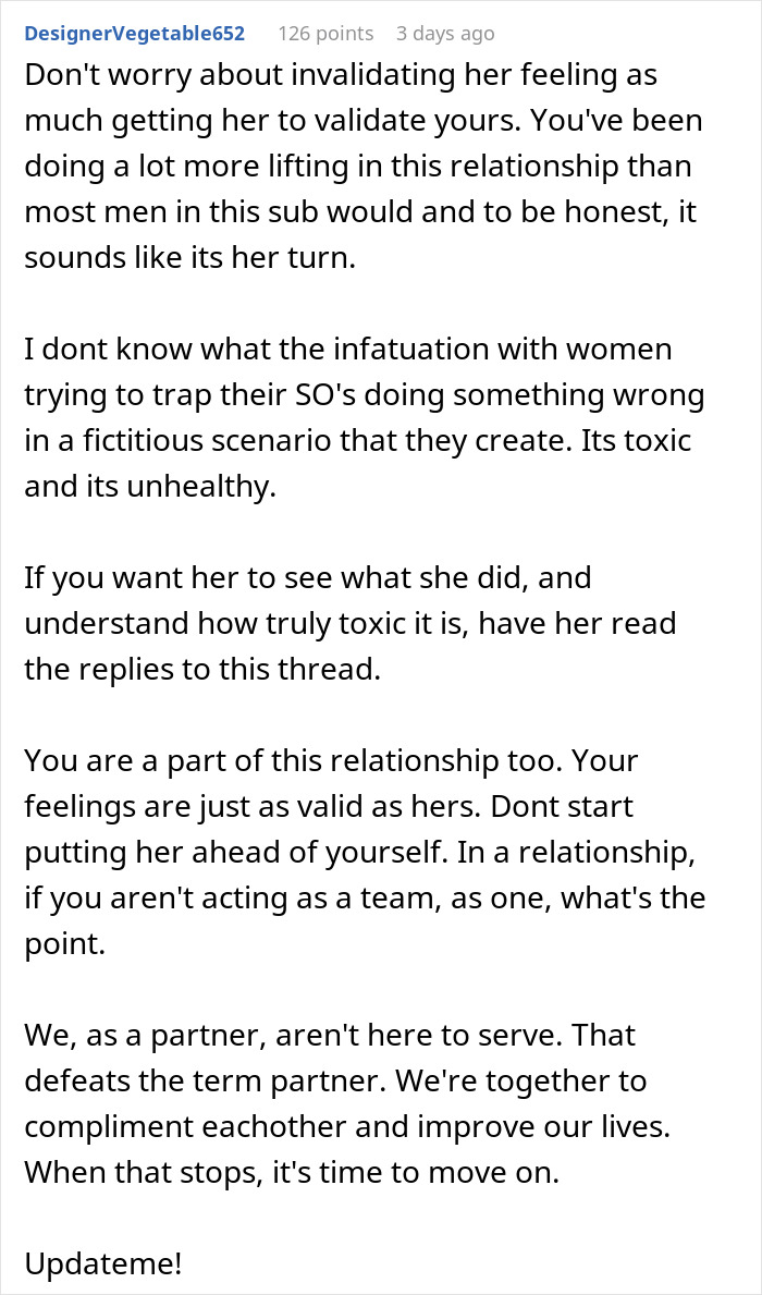 Reddit comment discussing relationship dynamics and toxic loyalty tests between partners in a personal story context.