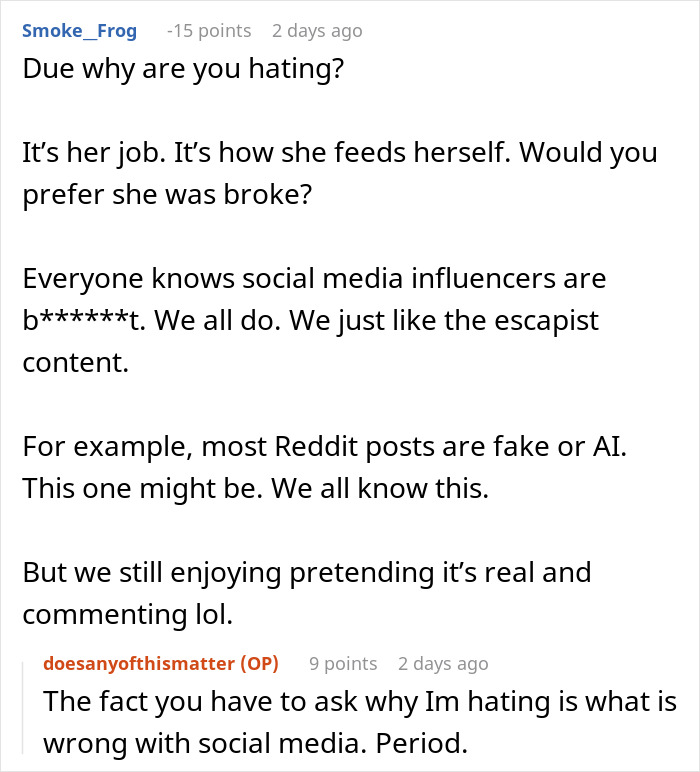 Screenshot of an online discussion about a gym influencer lying and its impact on her boyfriend's relationship. Screenshot of an online discussion about a gym influencer lying and its impact on her boyfriend's relationship.