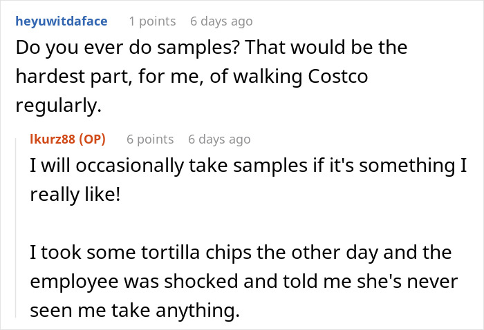 Screenshot of a conversation about walking Costco regularly and taking food samples, related to weight loss journey discussion. Screenshot of a conversation about walking Costco regularly and taking food samples, related to weight loss journey discussion.