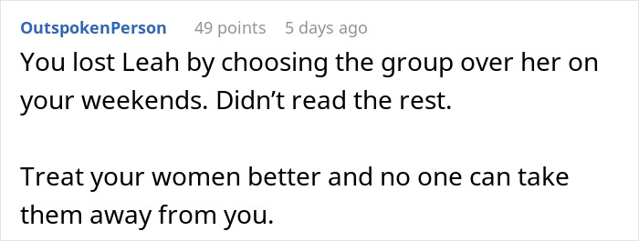 Commenter OutspokenPerson advising a guy to treat women better to avoid losing them after ex-wife cheating with best man.