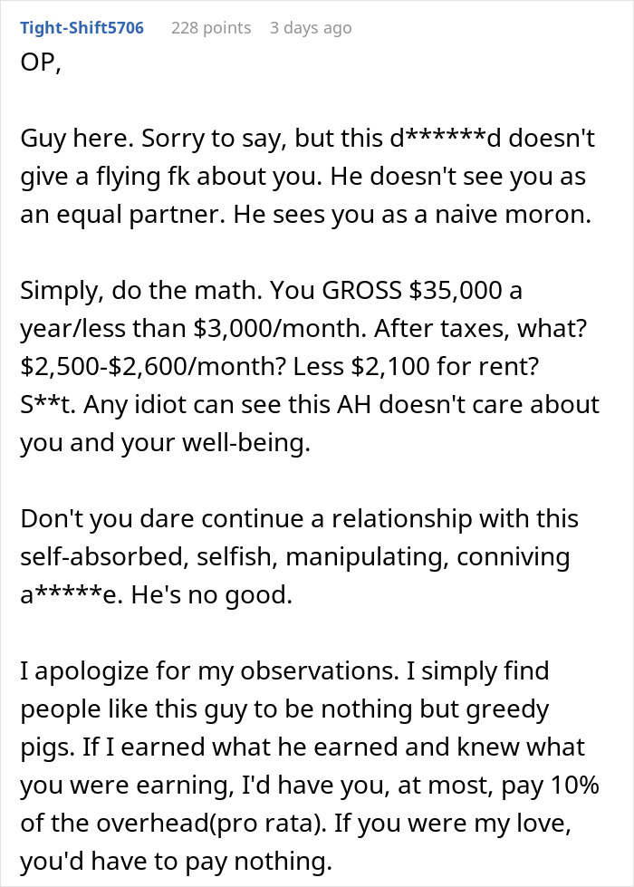 Commenter criticizes rich boyfriend demanding equal split rent, calling him selfish and advising girlfriend to reconsider relationship. Commenter criticizes rich boyfriend demanding equal split rent, calling him selfish and advising girlfriend to reconsider relationship.