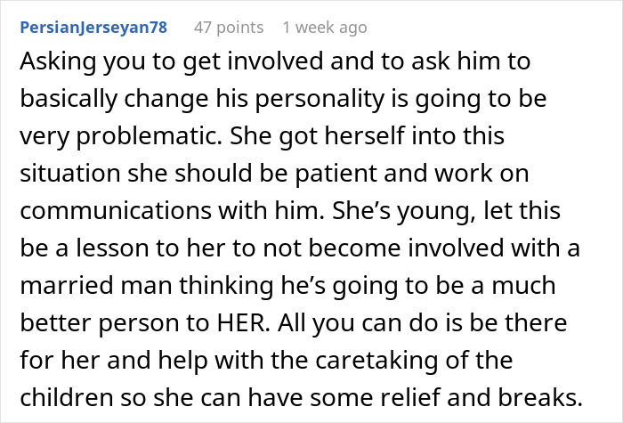 Comment discussing issues with absentee husband and concerns about mistress turned wife wanting a third child and her mom's worries. Comment discussing issues with absentee husband and concerns about mistress turned wife wanting a third child and her mom's worries.