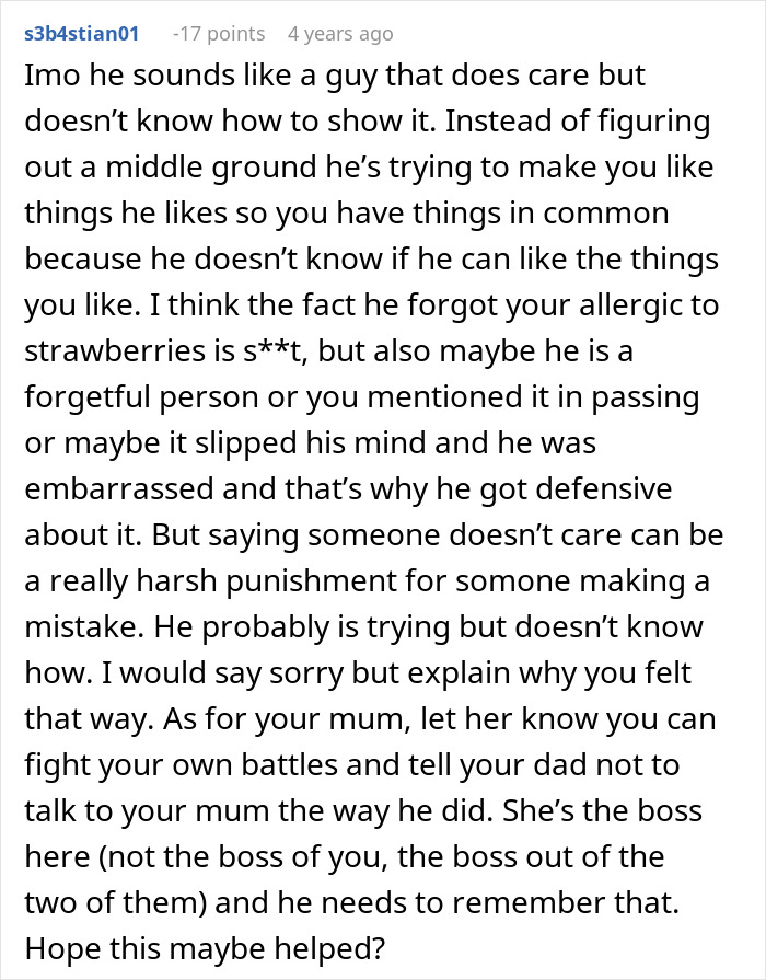 Comment discussing a teen tells dad cake fail and expressing feelings about care and forgetfulness in a family situation. Comment discussing a teen tells dad cake fail and expressing feelings about care and forgetfulness in a family situation.
