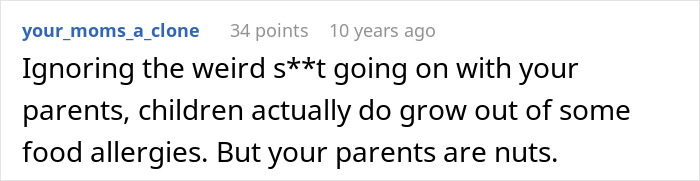 Screenshot of a forum comment discussing parents lying about food allergies, highlighting parental impact and no contact issues.