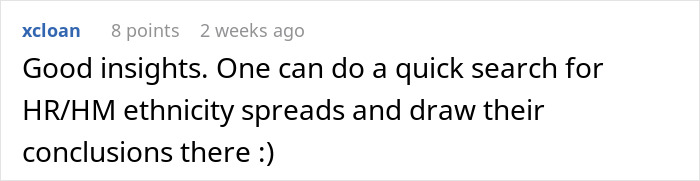 Comment text discussing HR and HM ethnicity spreads and drawing conclusions, related to woman changing name for more job offers. Comment text discussing HR and HM ethnicity spreads and drawing conclusions, related to woman changing name for more job offers.