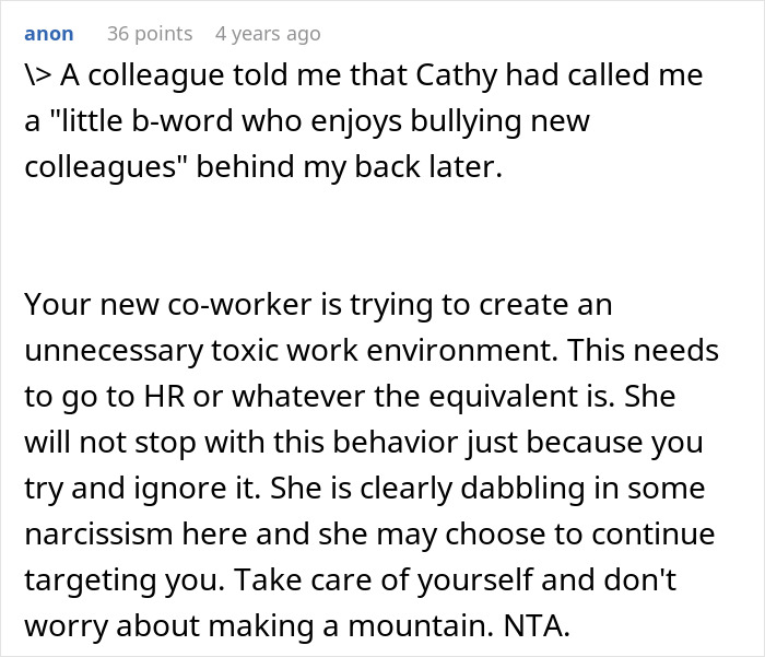 Text post discussing a colleague creating a toxic work environment by bullying a new co-worker, highlighting workplace issues. Text post discussing a colleague creating a toxic work environment by bullying a new co-worker, highlighting workplace issues.