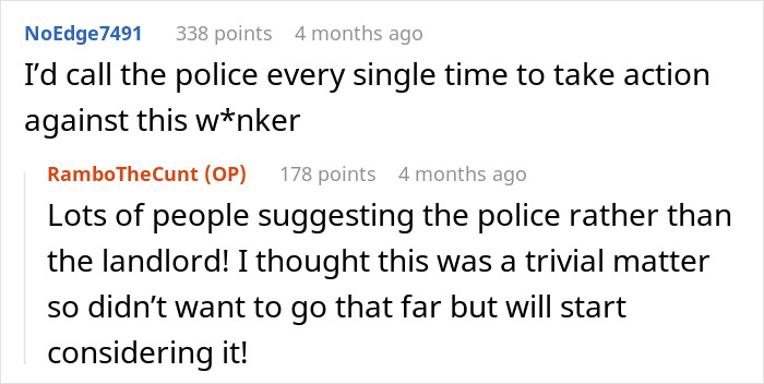 Comments discussing calling the police about a male Karen repeatedly blocking neighbor's driveway.