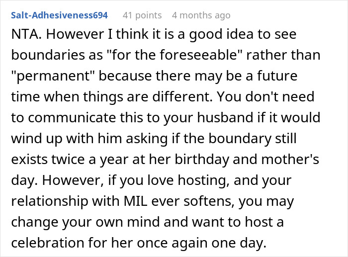 Screenshot of a forum comment discussing MIL no-show at birthday and DIL refusing to celebrate again in their house. Screenshot of a forum comment discussing MIL no-show at birthday and DIL refusing to celebrate again in their house.