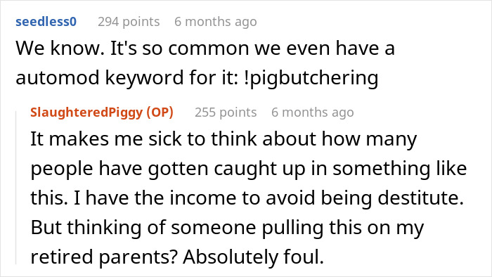 Screenshot of an online discussion about educated person falling for scam investment causing zero savings and immense debt.