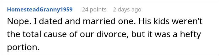 Screenshot of a Reddit comment discussing dating men with kids, sharing experience about divorce related to children. Screenshot of a Reddit comment discussing dating men with kids, sharing experience about divorce related to children.
