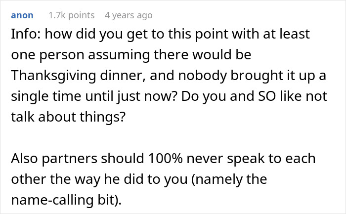 Text excerpt discussing a woman upset over husband assuming she planned Thanksgiving without prior communication. Text excerpt discussing a woman upset over husband assuming she planned Thanksgiving without prior communication.