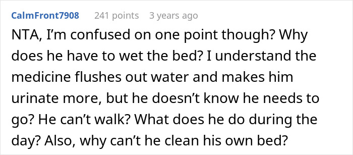 Reddit comment discussing wife cleaning bed repeatedly and husband refusing to use diapers or catheter despite challenges. Reddit comment discussing wife cleaning bed repeatedly and husband refusing to use diapers or catheter despite challenges.