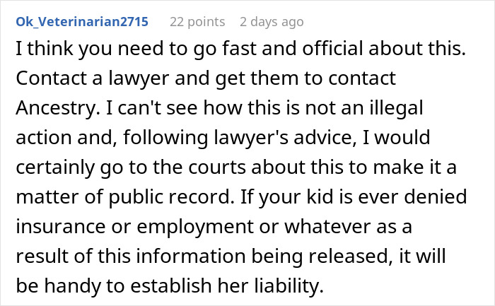Commenter advising legal action regarding ancestry tests due to concerns about privacy and potential family harassment.