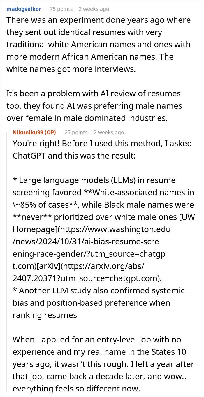 Discussion about bias in AI resume screening favoring white-associated names over Black male names in job interviews and offers. Discussion about bias in AI resume screening favoring white-associated names over Black male names in job interviews and offers.