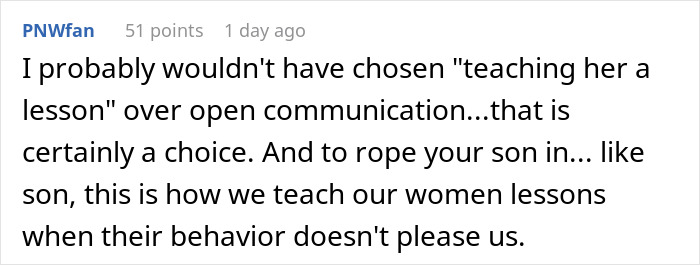 Comment discussing family drama and communication issues after man films his wife secretly to prove she eats his fries.