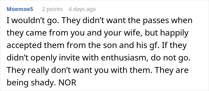 Comment discussing family dynamics about separate drive Disneyland plans and reluctance to join without enthusiasm. Comment discussing family dynamics about separate drive Disneyland plans and reluctance to join without enthusiasm.