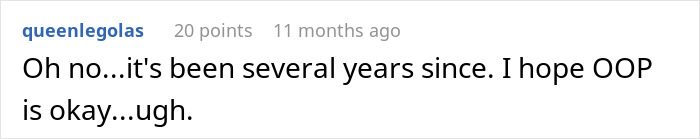 Text comment on a social platform expressing concern about a person’s well-being after several years, related to parents lied food allergies daughter no contact.