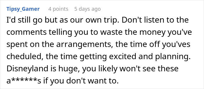 Screenshot of a Reddit comment discussing a family separate drive Disneyland trip and planning excitement. Screenshot of a Reddit comment discussing a family separate drive Disneyland trip and planning excitement.