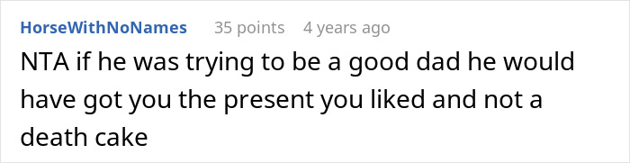 Screenshot of an online comment discussing a cake fail, highlighting a teen telling dad would’ve remembered if he cared. Screenshot of an online comment discussing a cake fail, highlighting a teen telling dad would’ve remembered if he cared.