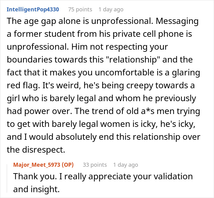 Red flags in text messages from 43YO to former student, partner shares screenshots for judgment on appropriateness. Red flags in text messages from 43YO to former student, partner shares screenshots for judgment on appropriateness.