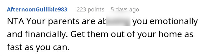 Screenshot of an online comment about manipulative parents exploiting their 30-year-old daughter financially and emotionally.